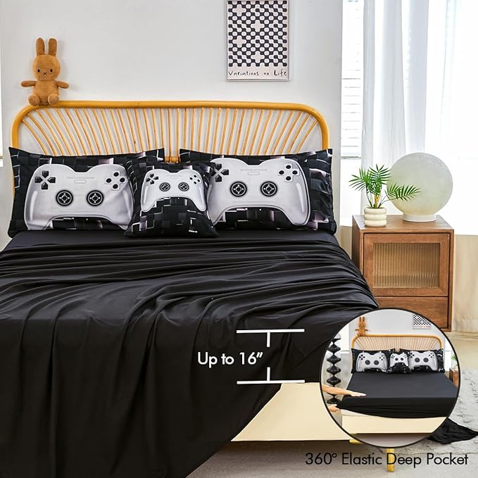PERFEMET 6 Pieces Bed in A Bag Gamer Comforter Set Queen Size-Black White Game Console Bedding Set for Boys Girls-Soft Comfy 3D Cool Video Game Kids Bed Set(White, Queen)