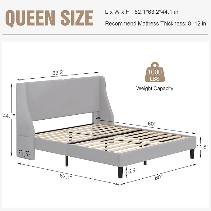 VECELO Queen Bed Frame with Upholstered Wingback Headboard, Heavy-Duty Platform Bedframe with Charging Station, Wooden Slats, No Box Spring Needed, Light Grey