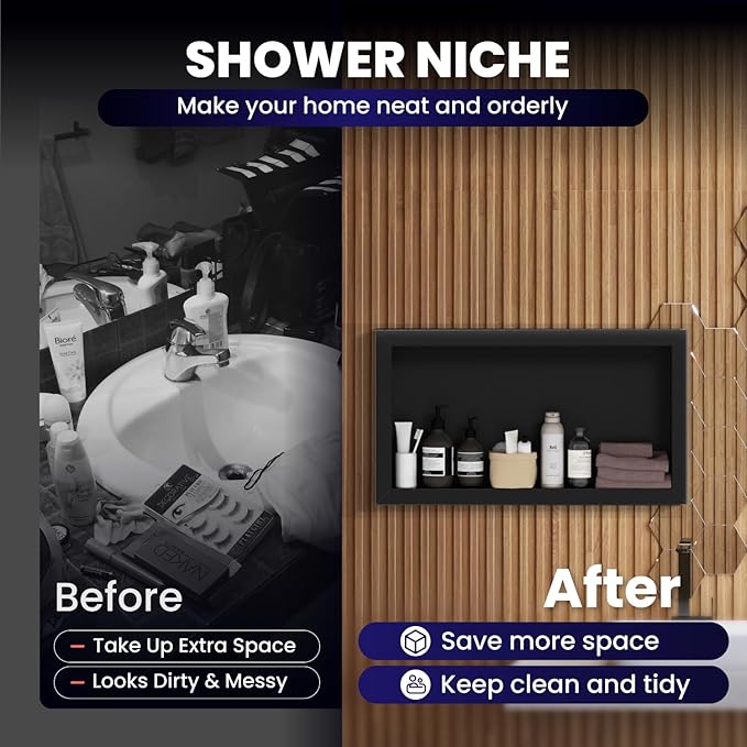 Stainless Steel Shower Niche 12" X 24",Single Shelf Niches Bathroom Shelf Recessed Wall Niche No Tile Needed Shower Shelf for Bathroom Storage (Black, 12 x 24)