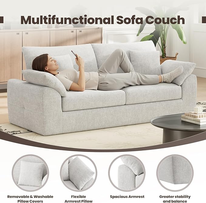 90" Boneless Loveseat Sofa, Cloud Foam Couch, 3 Seater Upholstered Midcentury Mondern Love Seat, Wide Armrest and 4 Pillows for Home Living Room/Small Spaces, No Assembly Required, Beige