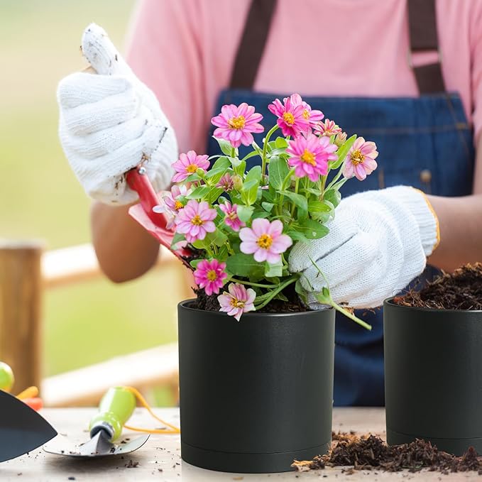 12/10/8 inch Large Deep Plant Pots, 3 Pack Tall Cylinder Flower Pots for Outdoor Indoor Plants, Plastic Planters with Drainage Holes and Saucers for Garden Porch House Plants, Black