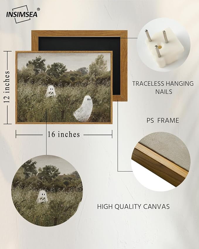 InSimSea Framed Canvas Wall Art, Vintage Halloween Decor With Cute Ghosts, Indoor Bedroom Bathroom Living Room Pictures, Landscape Prints, 12"x16"