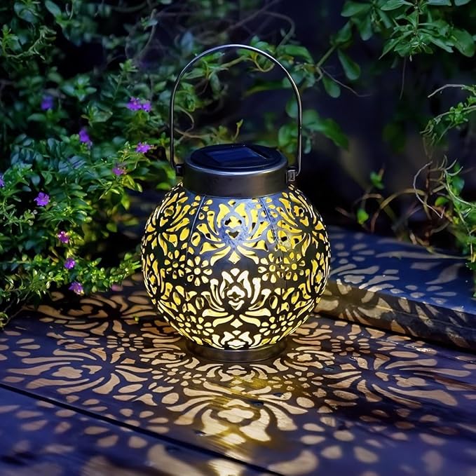 Outdoor Solar Hanging Lantern Lights Metal LED Decorative Lamp for Garden Patio Courtyard Lawn and Table with Hollowed-Out Design (Antique Bronze)