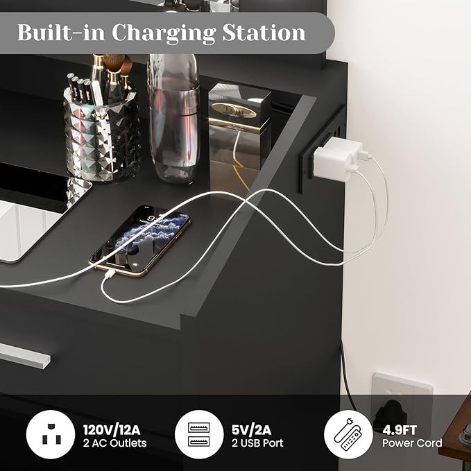 Vanity Desk with Mirror and Lights for Bedroom, Black Modern Makeup Table with 2 Drawers, 3 Light Modes & Dimmable LED, Includes Stool