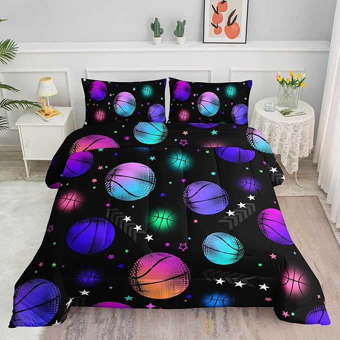 Kids Comforter Set Glowing Basketball Printed Pattern Bedding Set with 1 Comforter and 2 Pillowcases for Girls Boys Bedroom All Season(Basketball1 Full)