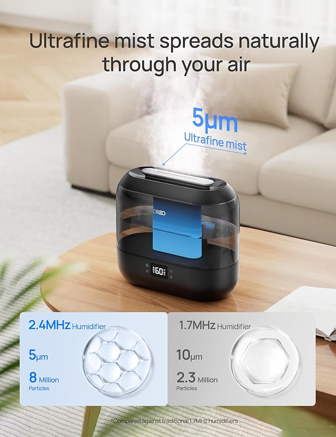 Dreo Smart Humidifiers for Bedroom, Top Fill 4L Supersized Cool Mist Humidifier with Nightlight, 36H Runtime, Touch/APP/Voice Control, 28 dB Quiet Ultrasonic Humidifiers for Large Room, Baby, Plants