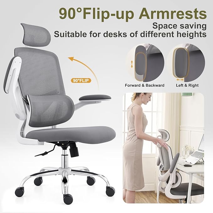 Ergonomic Home Office Chair, High Back Mesh Desk Chair with Adjustable Lumbar Support, Flip-up Armrest, Removable Headrest, Swivel Computer Gaming Chair, Space Saving, 330LBS (White+Grey)