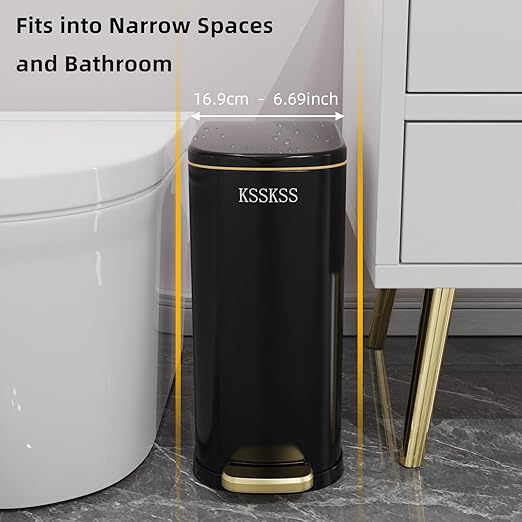 2.6 Gallon Slim Bathroom Trash Can with Soft Close Lid, 10L Stainless Steel Garbage Can with Removable Liner Bucket, for Narrow Spaces, Bathroom, Bedroom (Matt Black)