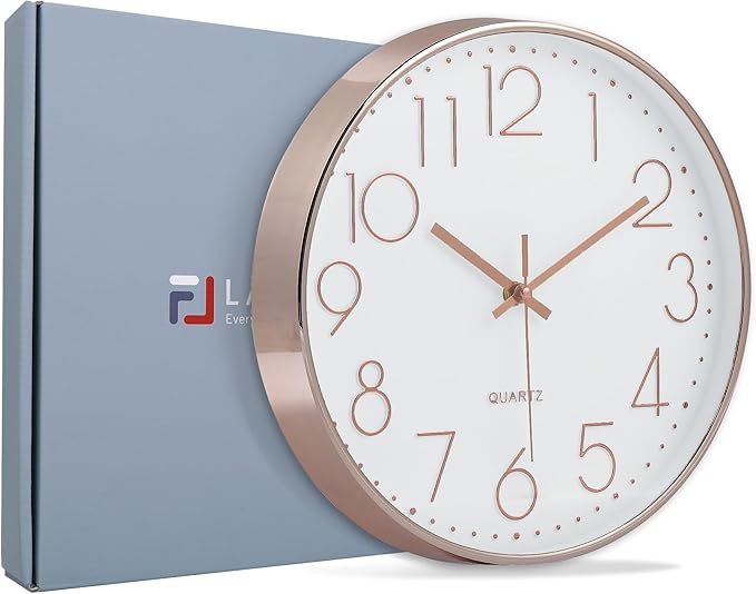 Lafocuse 12 Inch Silent Rose Gold Wall Clocks Battery Operated, Analog Wall Clock for Living Room Kitchen Bedroom Office Home Decor