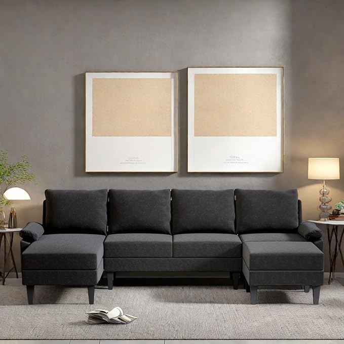 FONTOI 115 Inch U Shaped Sectional Couch with Chaise, 5-Seat Sofa with Moveable Ottoman, Modern Modular Sofa for Living Room, Apartment, Black