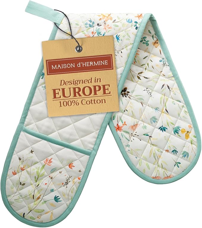 Maison d' Hermine Double Oven Mitts 100% Cotton 7"x35" Double Oven Mitt Heat Resistant BBQ Cooking Gloves with Loop, Baking, Grilling, Home, Kitchen, Handling Hot Pans Spring Summer (Colmar)