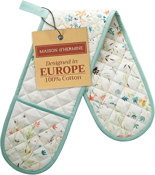 Maison d' Hermine Double Oven Mitts 100% Cotton 7"x35" Double Oven Mitt Heat Resistant BBQ Cooking Gloves with Loop, Baking, Grilling, Home, Kitchen, Handling Hot Pans Spring Summer (Colmar)