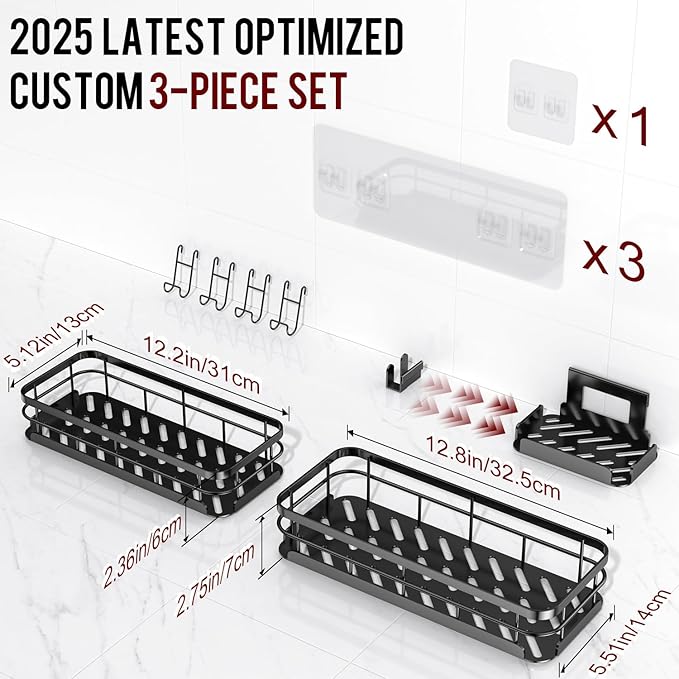 Large Capacity Shower Caddy, Heavy-Duty Adhesive Shower Organizers with Custom Aesthetic Design Soap, No Drilling Corner Shower Shelves, 5 Hooks for Bathroom Accessories, 3 Pack