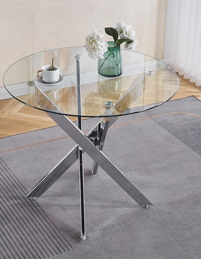 Round Glass Dining Table,Dining Room Table with Tempered Glass Tabletop and Metal Legs, Modern Style Glass Kitchen Table for Home, Kitchen, Dining Room