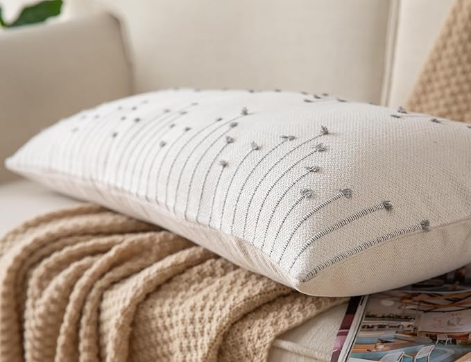 Caflife Boho Lumbar Pillow Cover 14x36 Long Pack of 1 Decorative Pillows Bed, Beige with Grey Body Throw Pillow Covers, for Modern Farmhouse Sofa Bedroom Living Room Home Decor Couch Pillowcase