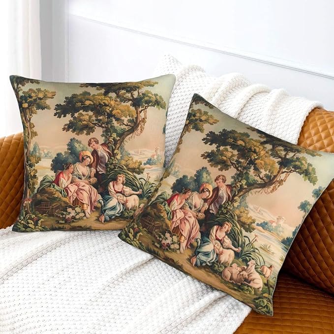 Antique French Country Tapestry Print Throw Pillow Covers Set of 2 Pillowcases Cushion Case Square for Soft Home Decor Bed Couch Car Living Room 18x18 Inch