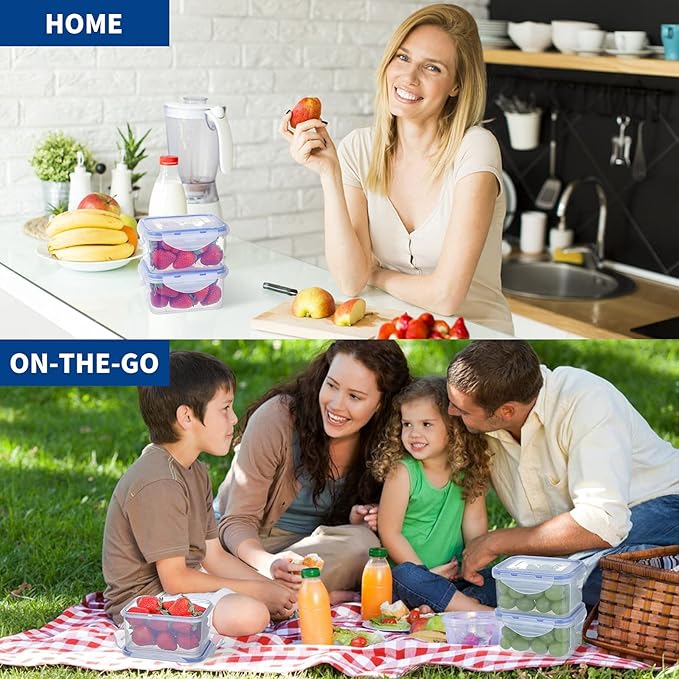 KIGI 4 Pack 17oz Rectangle Plastic Storage Containers Set for Food Airtight 500ML Meal Prep Containers Kitchen Storage Organizer