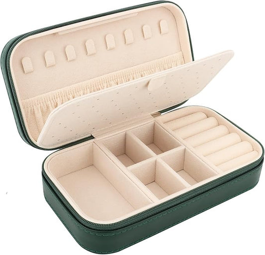 DesignSter Travel Jewelry Box, PU Leather Portable Jewelry Case, Small Jewelry Boxes for Gifts, Travel Jewelry Organizer for Women Rings Earrings Necklaces Bracelets (Dark Green)