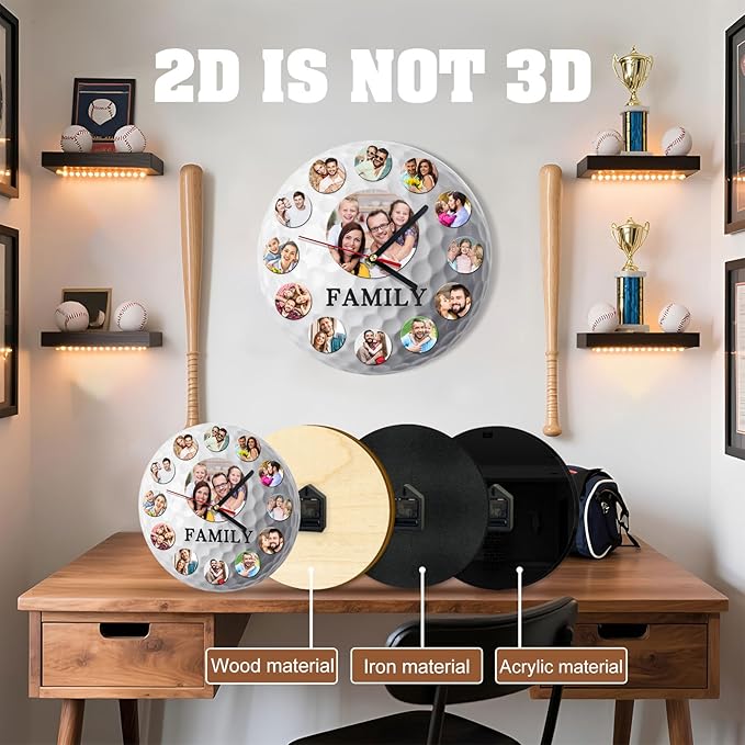 Custom Wall Clock, Personalized Clocks with Picture, Customized Silent Sports Ball Clock for Living Room Kids Bedroom, Creative Birthday Tennis Style