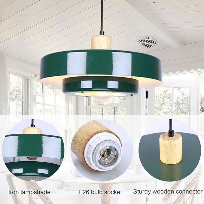 Plug in Pendant Light Green Modern Pendant Lamp E26 Vintage Hanging Light Fixture with 14ft Cord On/Off Switch for for Dining Room Bedroom Living Room Kitchen Island