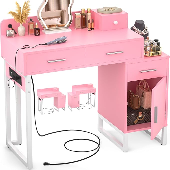 Vanity Desk with 4 Storage Drawers - Modern Makeup Vanity Table with Charging Station, Pink Vanity Desk with Reversible Cabinet Dressing Table Set with Divided Organizers for Women Girls, Pink & White