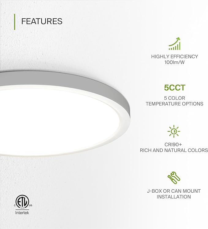 ASD LED 12" Round Flush Mount Ceiling Light Fixture, Low Profile Surface Lighting | 5CCT, Dimmable, Ultra-Thin, ETL Listed | 24W 2000LM 2700-6000K 100-277V | Kitchen, Bedroom, Hallway Lamp | White