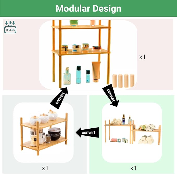 Bamboo Rack | Tool-Free Expandable (2-6 Tiers) | Kitchen Spice Organizer & Office Breakroom Snack/Cup Storage (Natural Bamboo)(Powered by Gogogo) (Natural, 15.6" W(3 Tier))