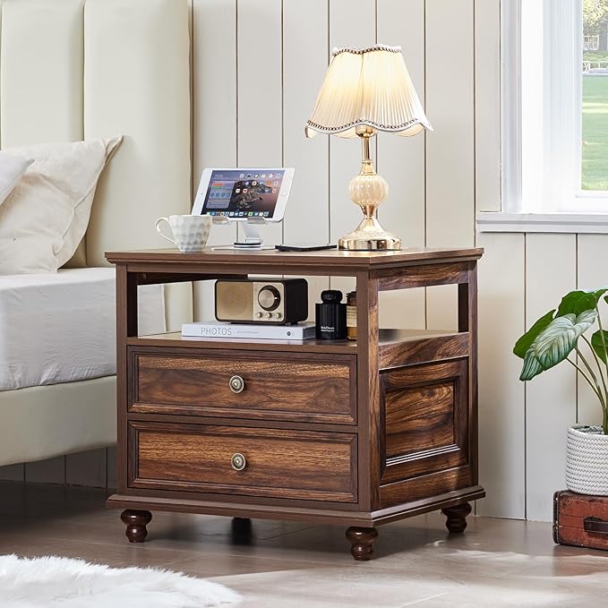 24" Wide Farmhouse Night Stand,Large End Table with 2 Drawers & Metal Handle,Wood Dresser for Bedroom, Brown Bed Side Table Chest of Drawers Cabinet,Nightstand for Living Room,Closet