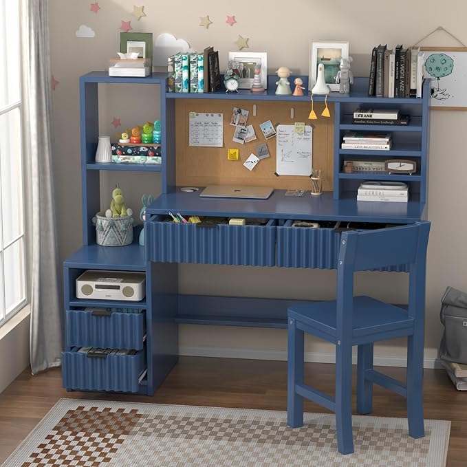 Blue Wooden Kids Fluted Desk and Chair Set,Kids Study Desk with Storage Shelves,Kids Study Table and Chair Set with 4 Fluted Drawers,Girls Study Desk for Kids with Hutch for Bedroom-p7P54u