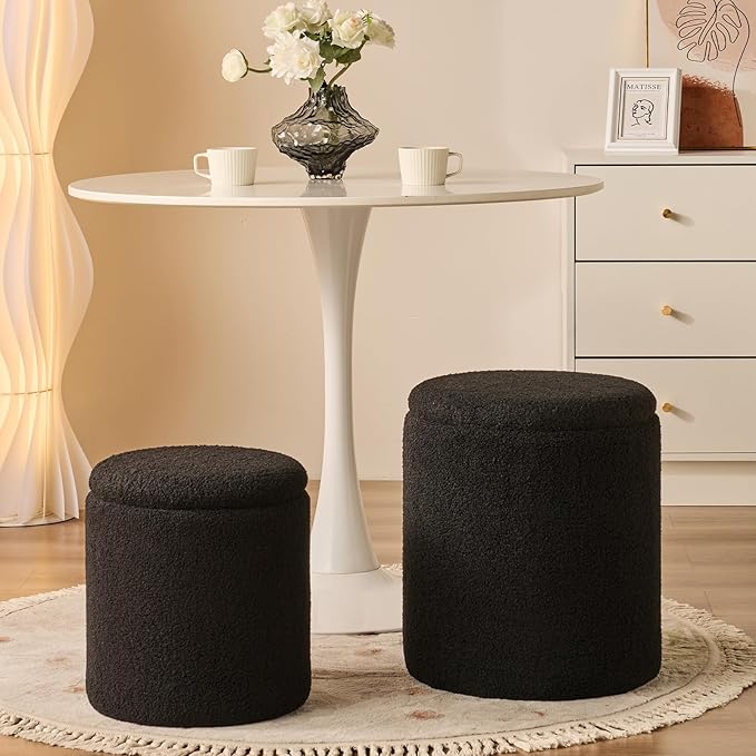 Round Ottoman with Storage Set of 2-Upholstered Sherpa Vanity Stool for MakeupMultifunctional Ottomans Coffee Table Padded Seat Foot Rest for LivingRoom&Bedroom(Sherpa, Black)