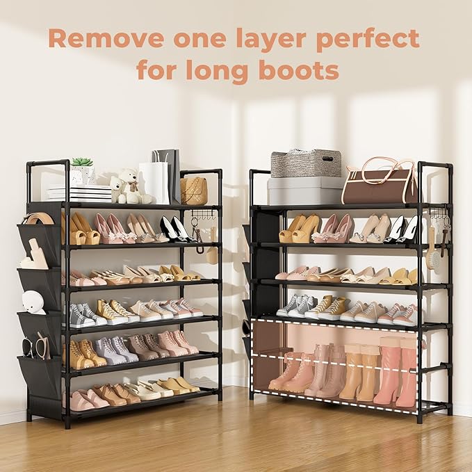 6 Tier Shoe Rack, Shoe Organizer Storage for 24-30 Pairs Shoe and Boot, Long Shoe Shelf with Hook and Side Pocket Free Standing Tall Shoe Rack Organizer for Closet, Entryway, Dorm