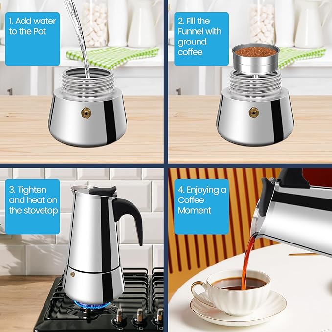 2 Cup Moka Pot Stainless Steel 100ml Italian Espresso Coffee Maker Stovetop CoffeeMakers Mocha Pot Percolator for Induction Stove Classic Cafe Makers Portable for Easy Brewing Tummy