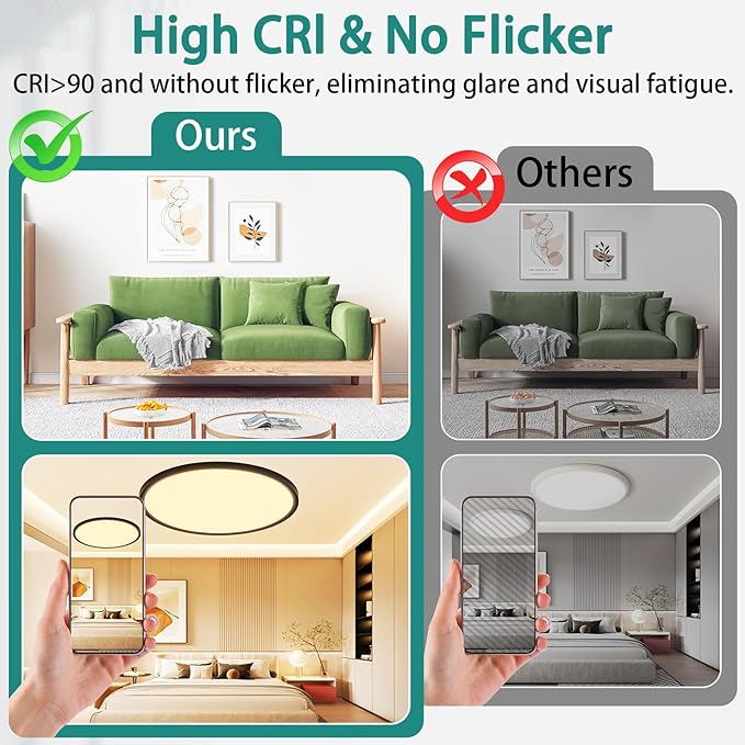 24 Inch Dimmable LED Ceiling Light Fixture, Ultra Thin Flush Mount, 48W 4800Lumen, 3 Color Changeable, Round, Black, for Dining Room, Living Room, Bedroom, Office, Hotel