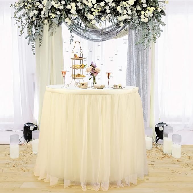 Suppromo Ivory Tulle Table Skirts for Rectangle Tables or Round Tables 9ft Tutu Table Skirt Cloth for Bridal Shower Birthday Party Baby Shower Gender Revea Banquet Decorations