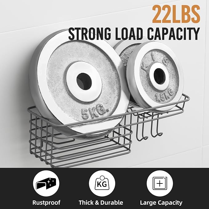 LEVERLOC Shower Caddy Suction Cup, Heavy Duty Bathroom Organizer for Inside Shower with Hooks & Soap holder， NO-Drilling Bathroom Holder-Grey