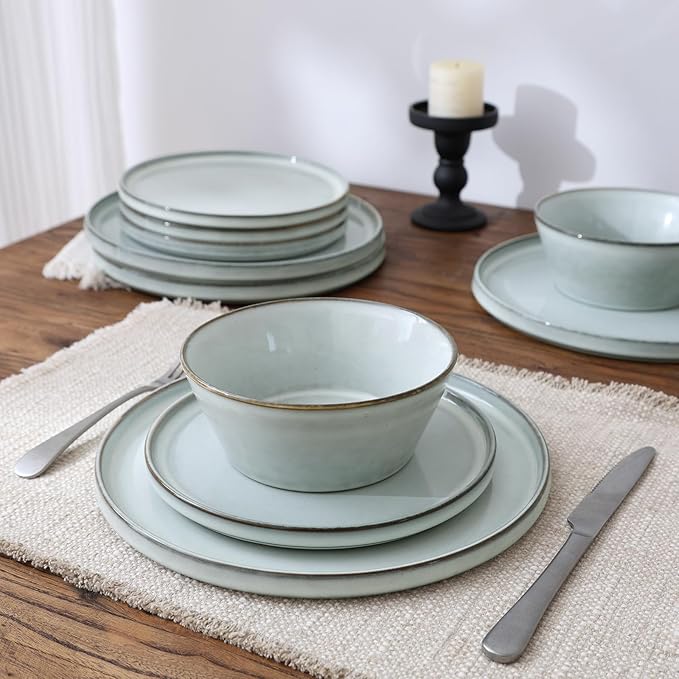 Famiware Annecy Dinner Plates and Bowls Sets, Stoneware Dinnerware Sets, Dishes Set for 6, 18 Pieces Handmade Dishware Set - Microwave & Dishwasher Safe, Double Reactive Glaze Tableware, Grey-Blue