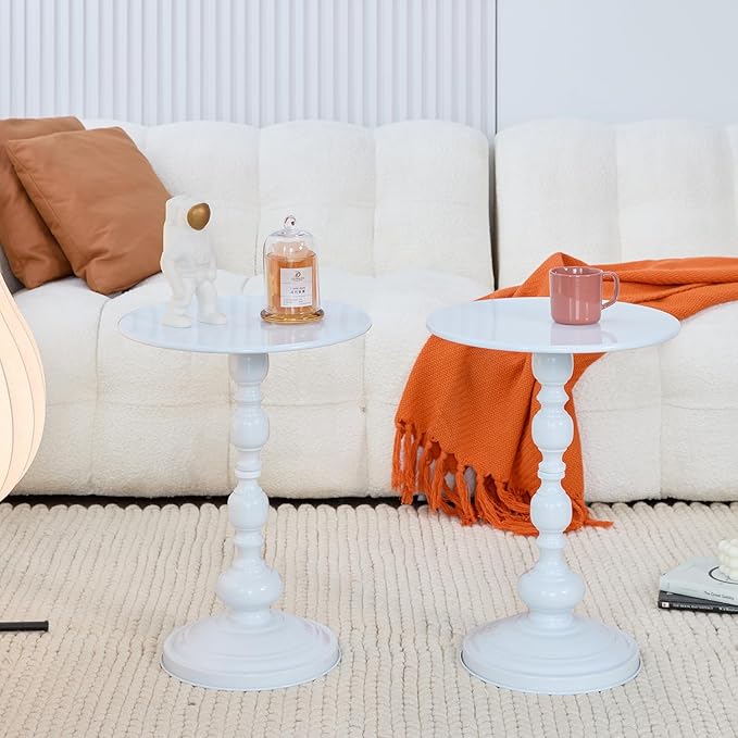 Elegant Vintage Round Side Table with Roman Columns - Sturdy Metal Design, Perfect as a Coffee, End, Tea, or Leisure Table for Living Room and Bedroom Decor ,21 (H) *15.7 (W) (White+White 1pack)