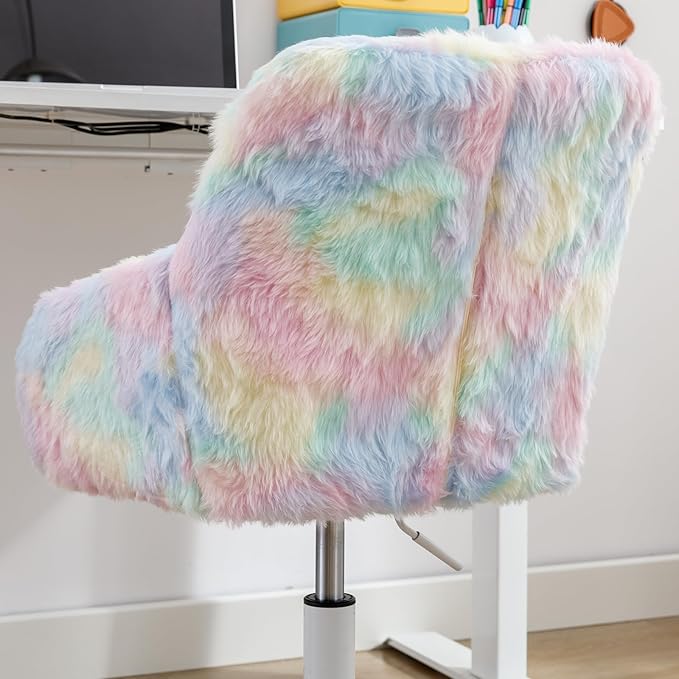 DUOMAY Kids Desk Chair, Faux Fur Colorful Upholstered Computer Chair for Boys and Girls, Cute Study Swivel Height Adjustable Arm Chair for Child, Rainbow Color