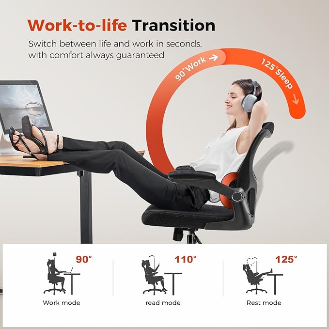 GTRACING Office Chair Ergonomic Desk Chair with 3D Adaptive Lumbar Support, High Back Home Mesh Chair with Flip-Up Arms, Swivel Rolling Computer Seating for Long Desk Work (Black)