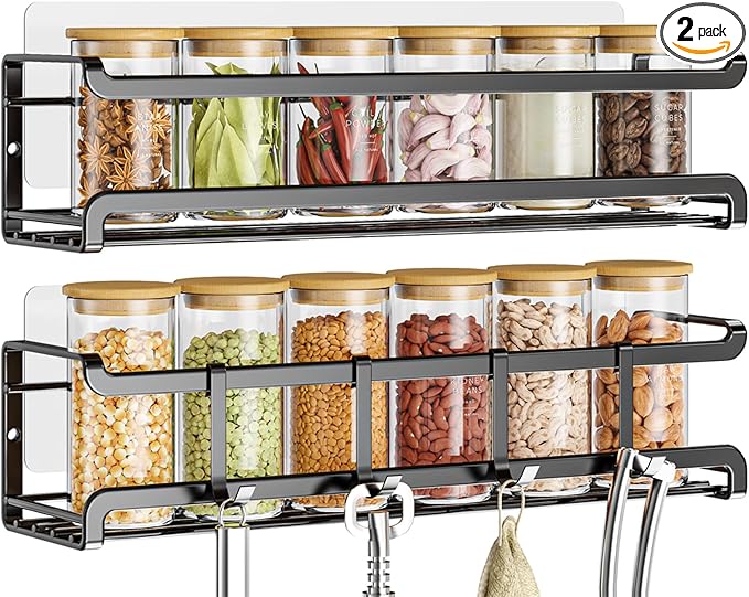 Spice Rack wall mounted 2 Pack, Space-Saving Spice Organizer for Spice Jars and Seasonings,Screw or Adhesive Hanging Spice Rack Organizer for Your Kitchen Cabinet,or Pantry Door
