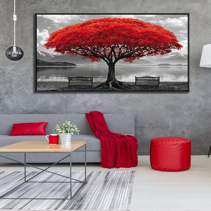 YDYSUNE Red Tree Paintings Wall Art Black and White Pictures Wall Decor for Living Room Modern Home Bedroom Decoration Nostalgia Framed Artwork Decor 29x58in