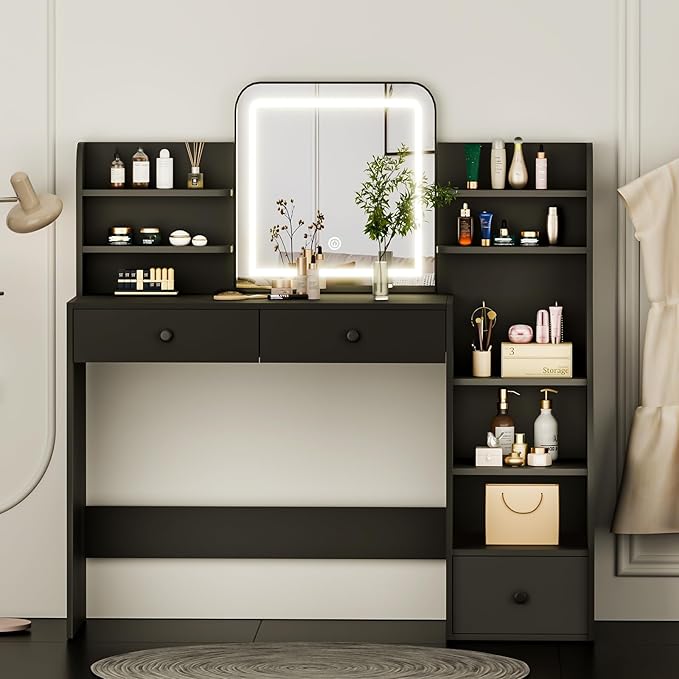 Makeup Vanity Desk with LED Mirror & 5-Tier Sloped Shelves, 7 Open Storage Areas & 3 Drawers, Adjustable 3-Color Lighting Dressing Table