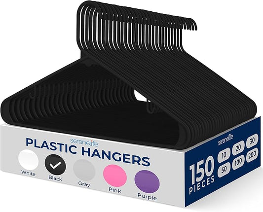 SereneLife 150 Pack Black Plastic Hangers, Non-Slip, Space-Saving Closet Organizers, Durable and Strong for Shirts, Sweaters, Hoodies, Kids Clothes & Dresses, Ultra-Thin, Lightweight