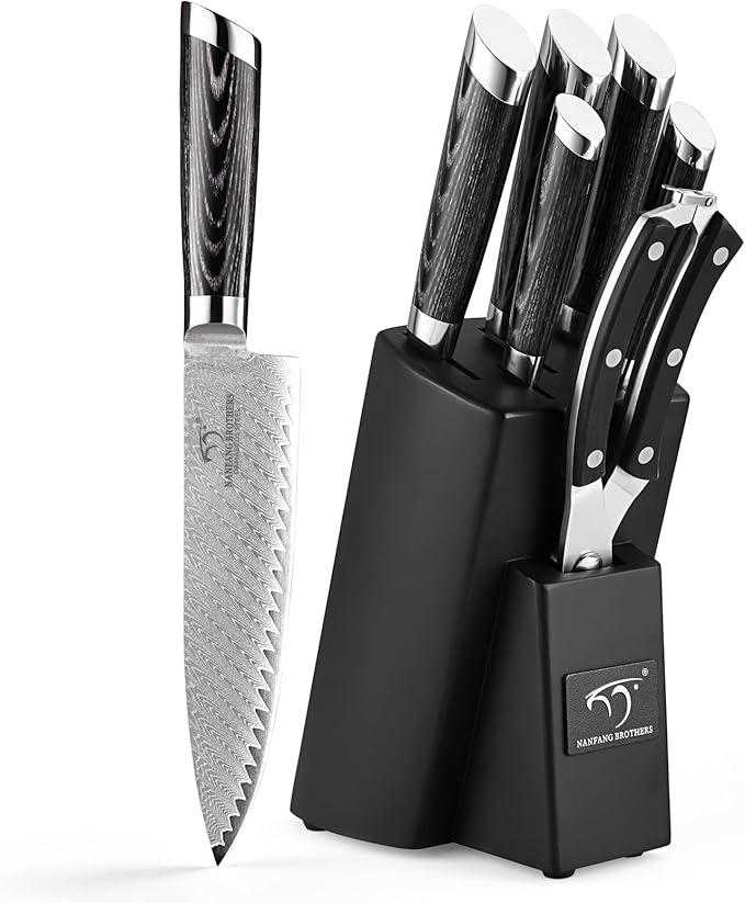 NANFANG BROTHERS Knife Set, 7-Piece Damascus Kitchen Knife Set with Block, ABS Ergonomic Handle for Chef Knife Set, Kitchen Shears, Knife Block Set