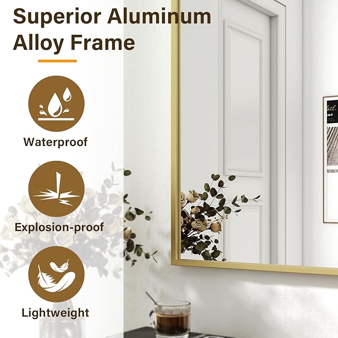 HARRITPURE 24"x36" Framed Bathroom Mirror for Wall Rectangle Mirror Aluminum Alloy Frame Wall-Mounted for Farmhouse Entryway Bedroom Living Room Gold