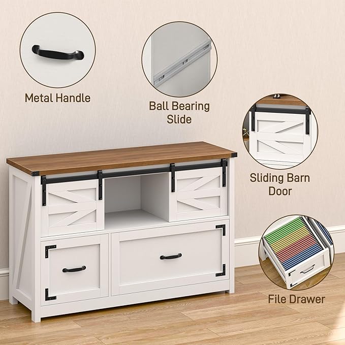 Lateral File Cabinets 2 Drawer with Sliding Barn Doors, Farmhouse Filing Cabinet with 2 Drawer for Home Office，Filing Organization Storage Cabinets for Hanging Files Letter/Legal/F4/A4.(Brown.)