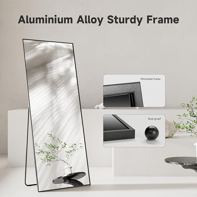 56"x15" Full Length Mirror, Black Tempered Glass Rectangle Floor Standing Mirrors,Wall Mounted Hanging Aluminum Alloy Frame Bedroom Floor