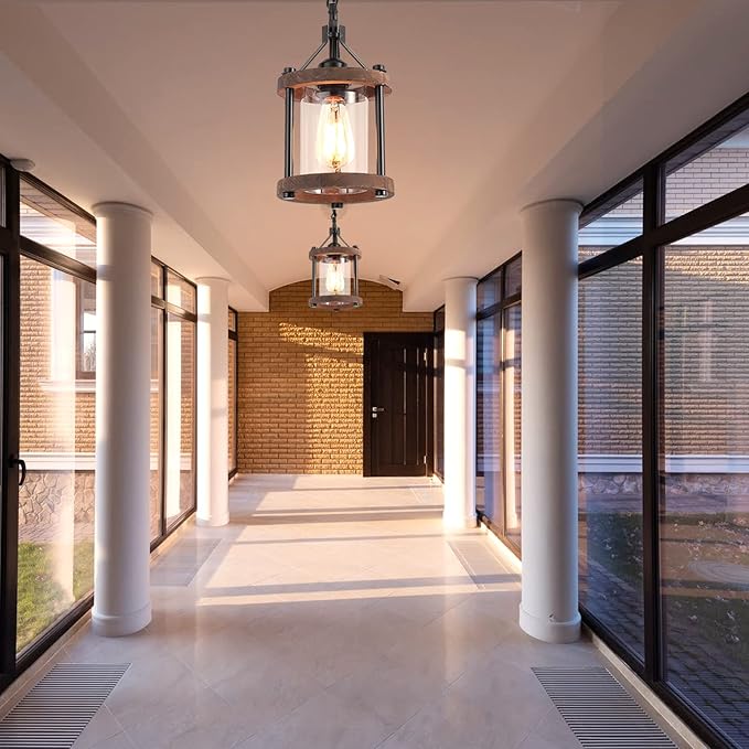 SGLfarmty Farmhouse Pendent Lights for Kitchen Island, Rustic Black and Wood Light Fixtures with Glass, Bronze Pendant Lamps Over Table, Chain Hanging Light for Dining Room, Sink, Bar, 1 Pack