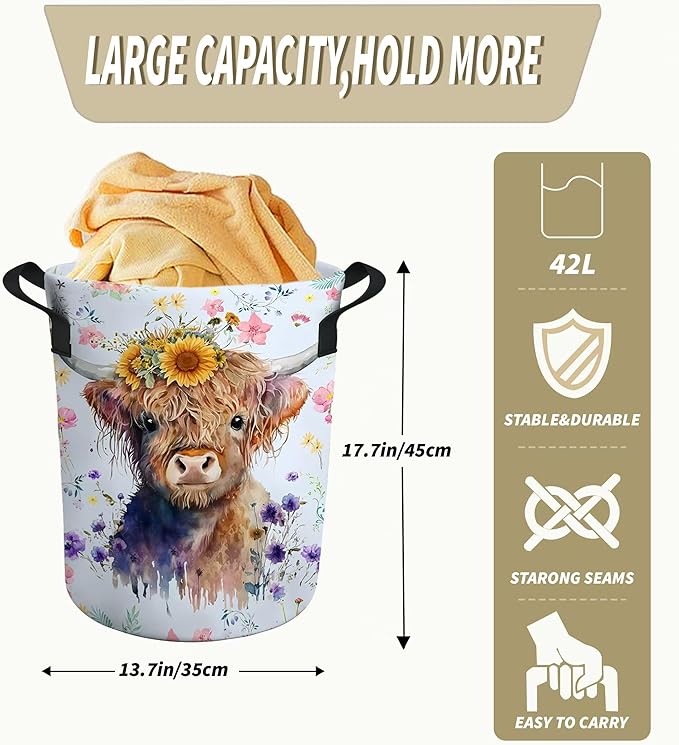 Highland Cow Laundry Basket Nursery Baby Hamper Western Room Decor Funny Tote Bag for Teen Boy Girl Gift 17.7"x13.7"