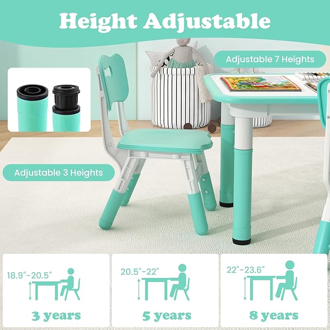 INFANS Kids Table and Chiar Set, Height Adjustable Toddler Desk and 4 Chairs with Graffiti Desktop Non-Slip Legs, Large 47" L x 23.5" W Multi-Activity Art Table for Daycare Classroom Home (Green)